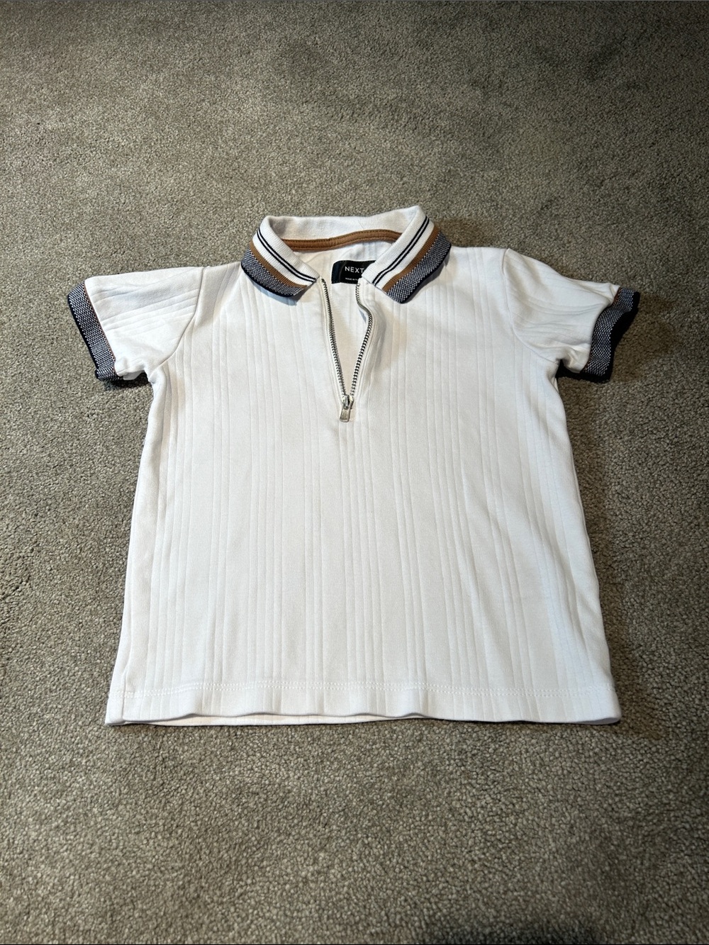 next White Zip-Front Polo Tee with Navy & Tan Trim